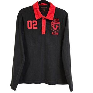 True Religion Y2K Mens S Black Red Long-Sleeve Rugby Polo Shirt Embroidered Logo